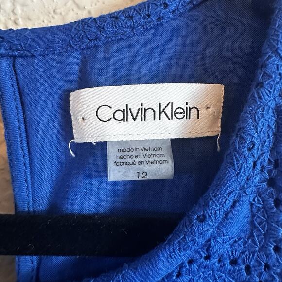 Calvin Klein Dress 12 Blue Eyelet Sleeveless Lined Sheath 100% Cotton‎ Summer - Picture 4 of 9